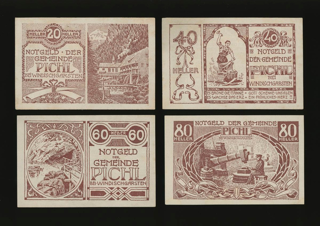 Itävalta Notgeld 20, 40, 60, 80 Heller, Pichl 1920