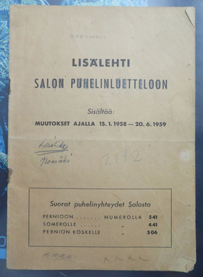 LISÄLEHTI SALON PUHELINLUETTELOON 1959