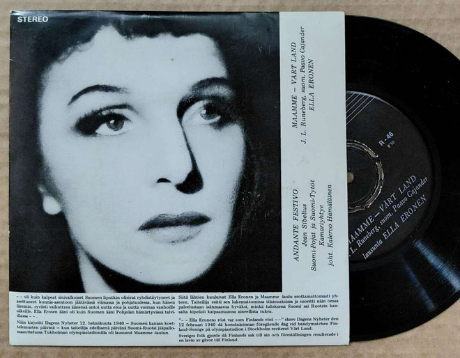 ELLA ERONEN: Maamme - Vårt land – 7” kuvakannella 1972
