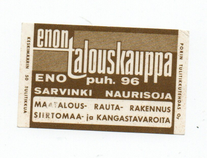 Porin Tulitikkutehdas Enon Talouskauppa. Eno. Etiketti
