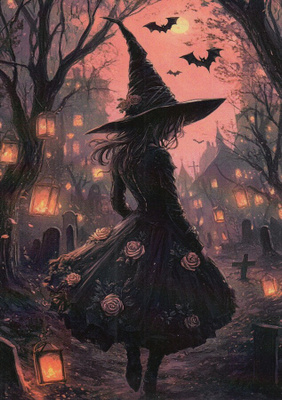Halloween noita hautausmaalla, ruusuja hameessa
