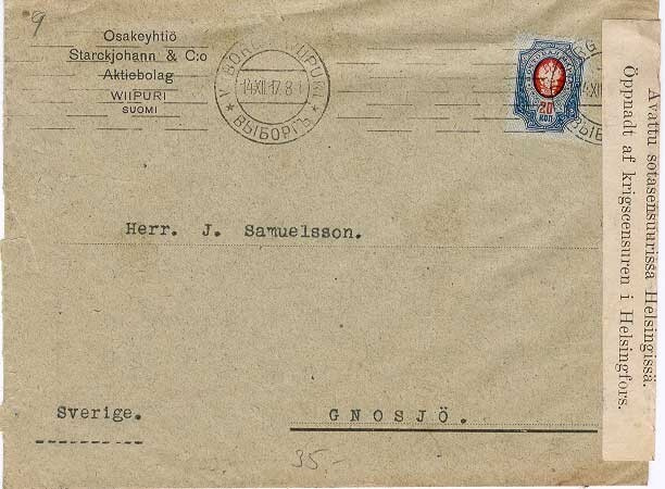1917 14.12. kirje Ruotsiin, ven. 20 kop
