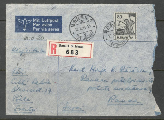v. 1946 kirje Sveitsistä Suomeen