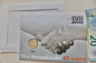VANHA Rahakirje Suomi 2€ YK Ihmisoikeudet 60 v 2008 PROOF