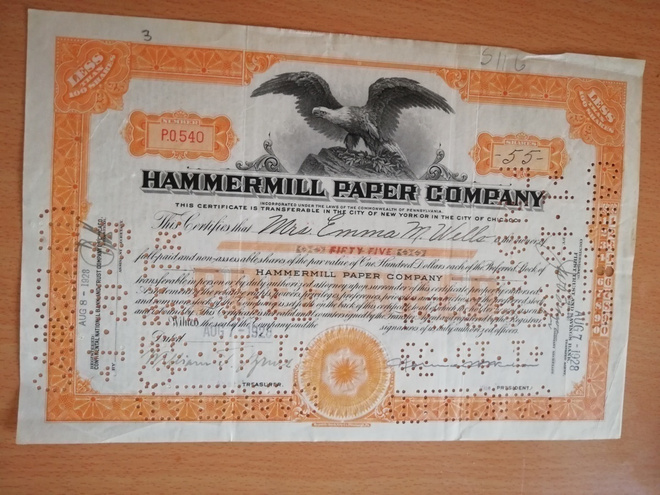 Hammermill Paper Company 1928 osakekirja