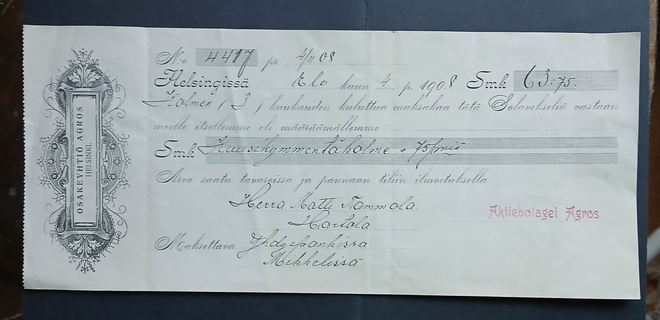 Agros  , vekseli v. 1908
