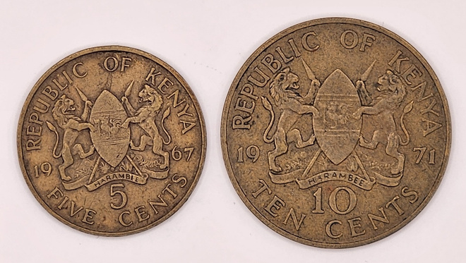 Kenia 5 ja 10 Centin kolikot 1967/1971