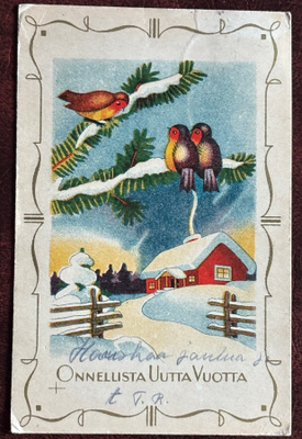 Joulu, kolme lintua kuusen oksalla ja talo, kulkenut 1941