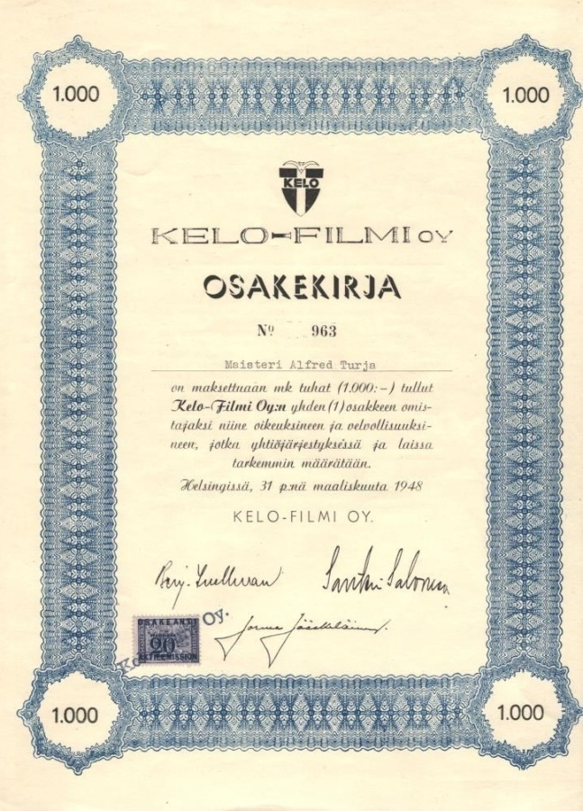 OKK 1948 Kelo-Filmi Oy, Helsinki osakekirja
