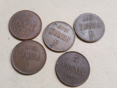 5 penniä Cu 1917 5 kpl