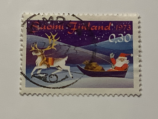 738 / 1973 Joulu - Joulupukki reessä o leimattu