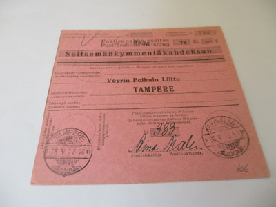 1928 Käkisalmi Kontr. (R5) postiennakolla Tampereelle