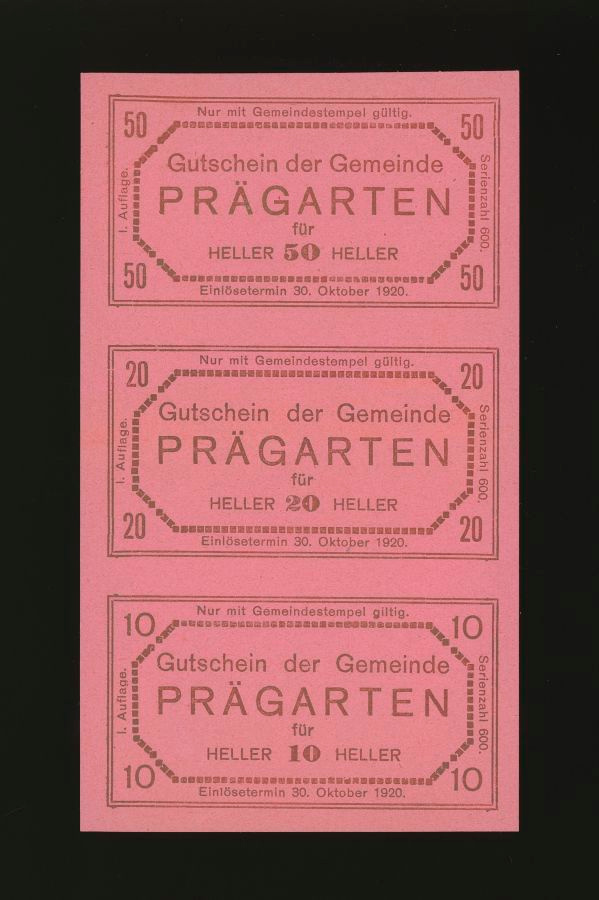 Itävalta 10, 20, 50 Heller, Prägarten, leikkaamaton arkki