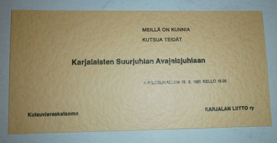 Helsinki 1965, Karjalaisten Suurjuhlan Avajaisjuhlan kutsu