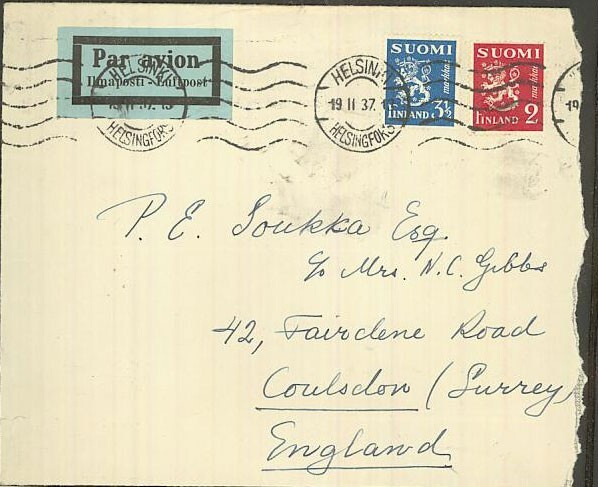 M30 1937 lentokirje Englantiin - Helsinki