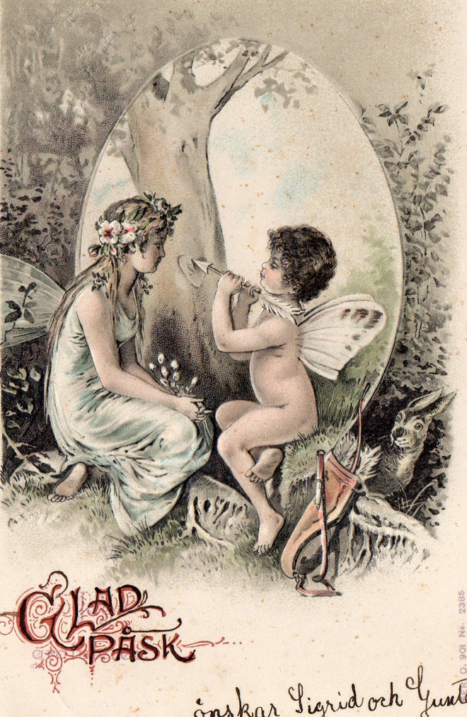 Vanha pääsiäiskortti-tyttö ja pikku-amor, koho