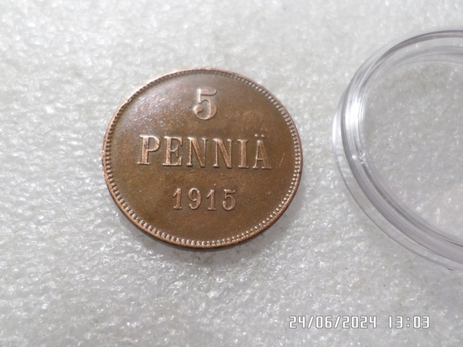 5  penniä  1915   kulkematon   Kolikko kapselissa,