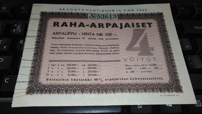 Raha-arpajaiset 100mk arpalippu 26/7