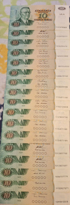 10 markan litt.A seteleitä 1980. 17kpl.
