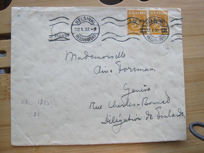 Kirje Geneveen 1932 2x1,25 lisäpainama merkkiparilla