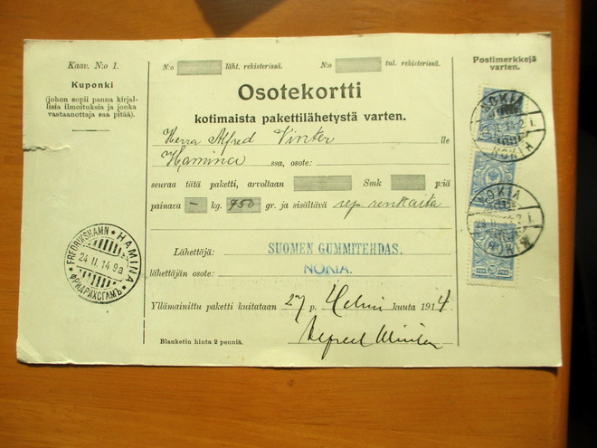 1914 Nokia Suomen Gummitehdas pakettikortti
