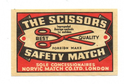 Tulitikkuetiketti THE SCISSORS Safety Match Vientietiketti