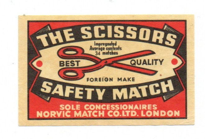Tulitikkuetiketti THE SCISSORS Safety Match Vientietiketti