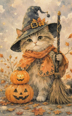 Pieni halloween-kissa, luuta ja kurpitsat