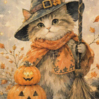 Pieni halloween-kissa, luuta ja kurpitsat - pikkukuva 1