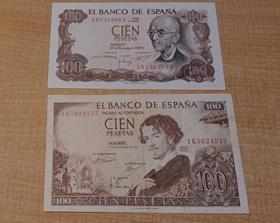 100 Pesetaa 1965 ja 1970 Espanja Cat# 150 ja 152 KL 5 ja 8