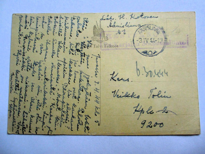 1944 Äänislinna kortti joukko-osastoon