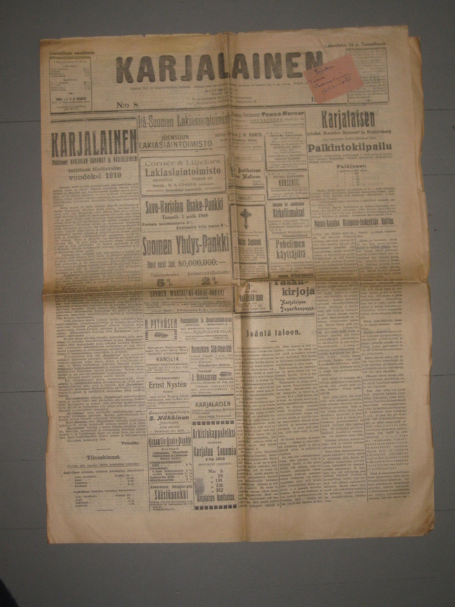 Sanomalehti  Karjalainen 18.1.1919