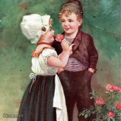 LAPSET / Tyttö pujottaa ruusun pojan napinläpeen. 1920-l.