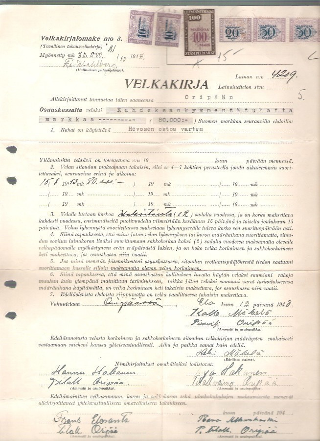 Velkakirja, hevosen ostoa varten, 1948, laina maksettu.
