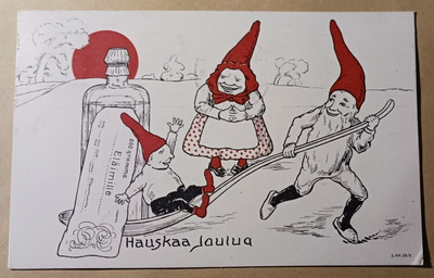 Vanha tonttu vetää pikkutonttua, "lääke"pullo, p. 1922