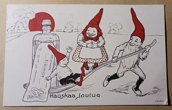 Vanha tonttu vetää pikkutonttua, "lääke"pullo, p. 1922