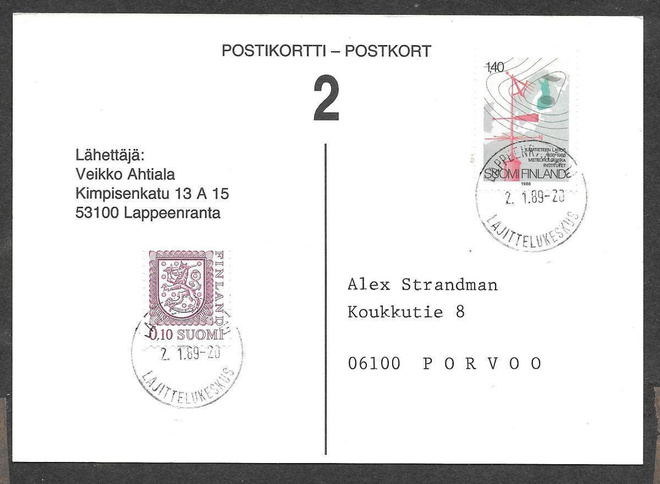 Postilähetys (LAPE 1044) Lpr lajittelukeskus 2.1.1989