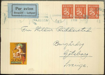 1947 6mk or.leijona 3-rivilö lentokirje Ruotsiin