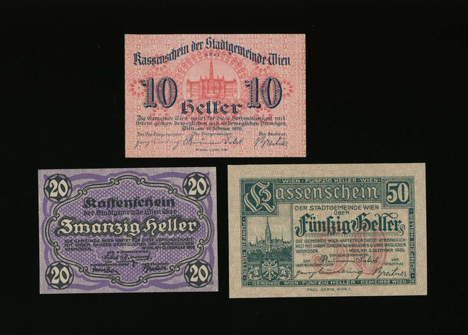 Itävalta Notgeld 10, 20, 50 Heller, Wien 1920