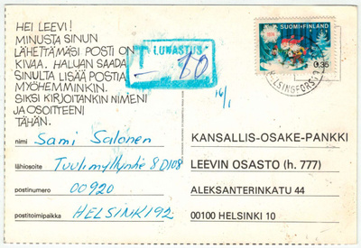 1975 lunastusmerkintä postikortilla