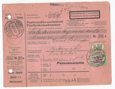 # 23916 # Pe.osoitus paketti Helsinki > Riihimäki - 1928