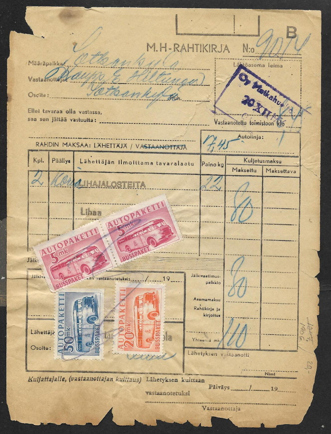 Rahtikirja - Autopaketti 1956 (LAPE 2xAP6,AP7,AP8) kynämität