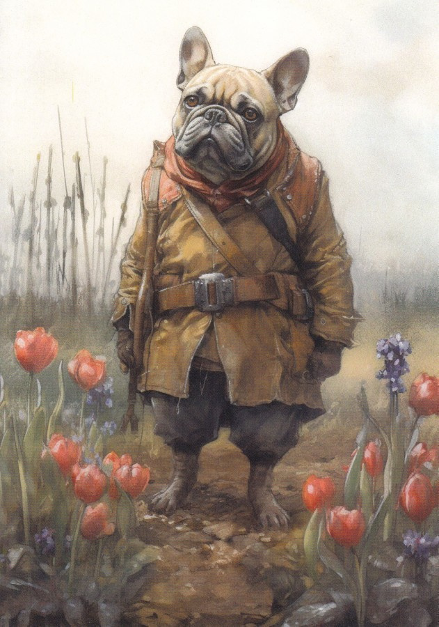Seikkailija-koira ja punaiset tulppaanit
