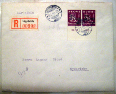 Kirjattuk. Leppävirta 20.3.45 Lisäp. 31/2/2.75 violetti(92)