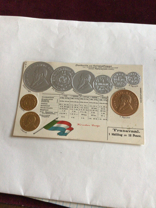 Transvaal-numismaattinen kohokuvioitu postikortti