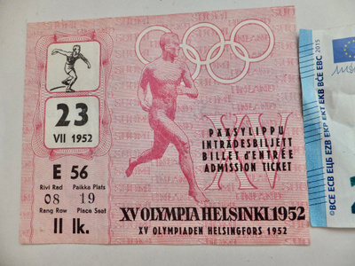 VANHA Lippu Pääsylippu Olympia Helsinki 1952 23.7.52 Stadion