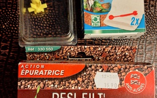 Akvaariotarvikkeita Resi-Filt + pussit sekä varaosa potkuri