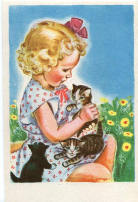 Lapsi - Tyttö ja pienet kissat - Kortti 1940-50-luvulta