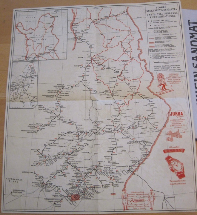 VANHA Kartta Suomen Kulkuneuvot 1948 Omega Kello Mainos ym