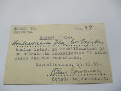 1939 Savonlinna Sotasairaalan ruokailulupa
